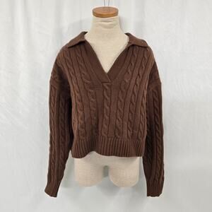 Sunday Best Lottie Sweater Women's S Brown Cable Knit V-Neck Polo Collar Cropped